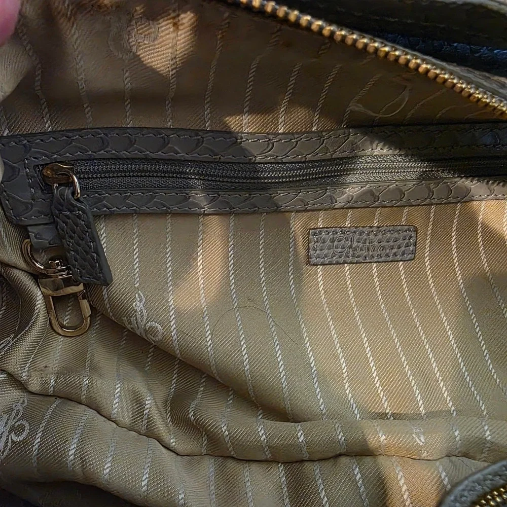 Cole Haan Genevieve Grey Snake Embossed Leather Satchel Shoulder Bag Gold Tags